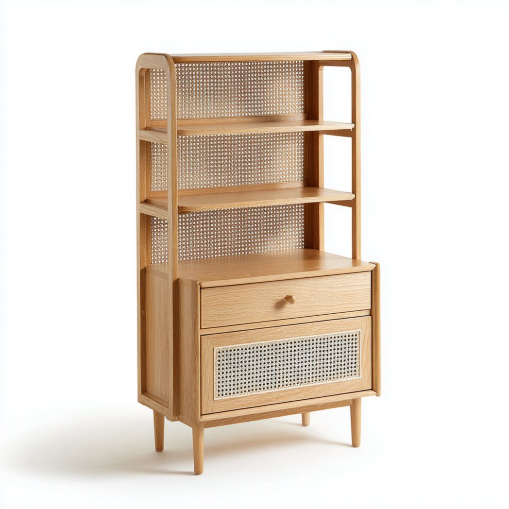 Bibliothèque en bois avec panneau arrière en rotin, tiroir et armoire