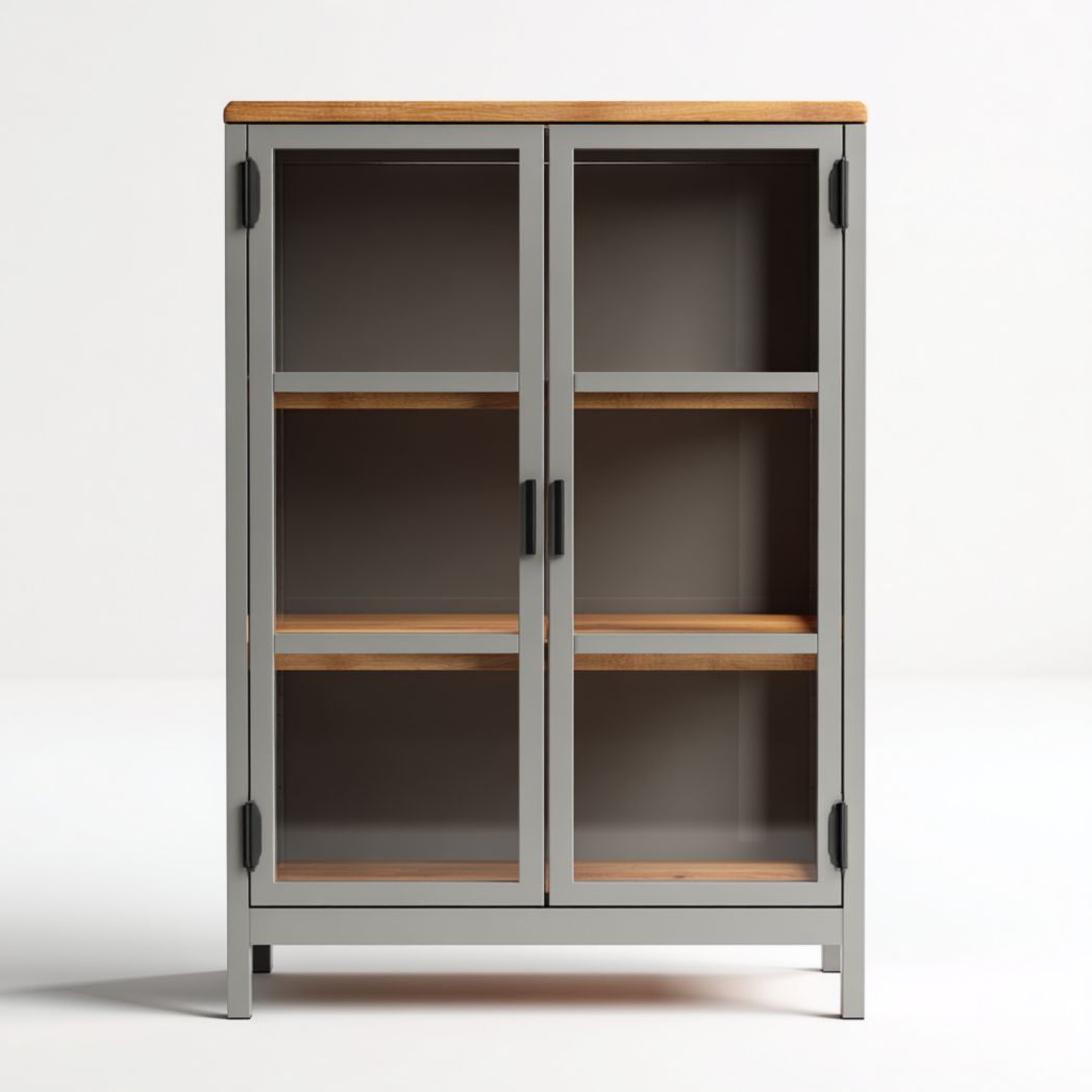 Vitrine en métal gris avec plateau en bois et deux portes vitrées