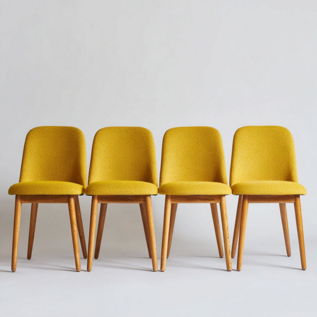 Lot de 4 chaises en tissu jaune avec pieds en bois
