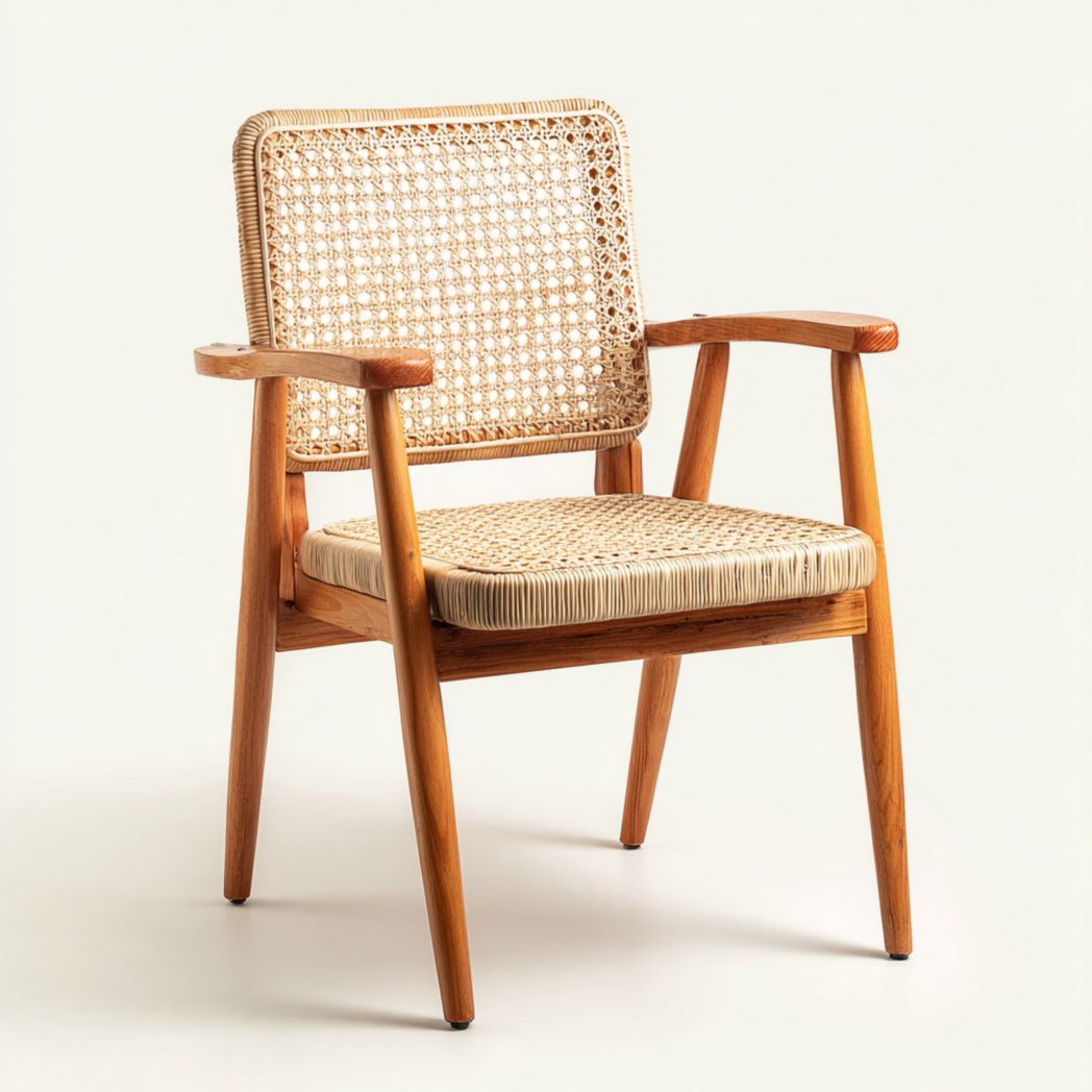 Fauteuil en bois naturel avec assise et dossier en rotin