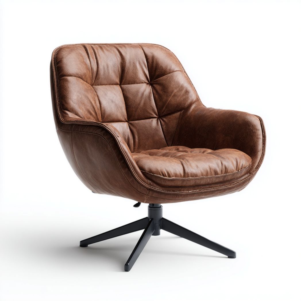 Chaise de bureau pivotante | revêtement en cuir marron · dossier capitonné à carreaux · base noire à 4 pieds