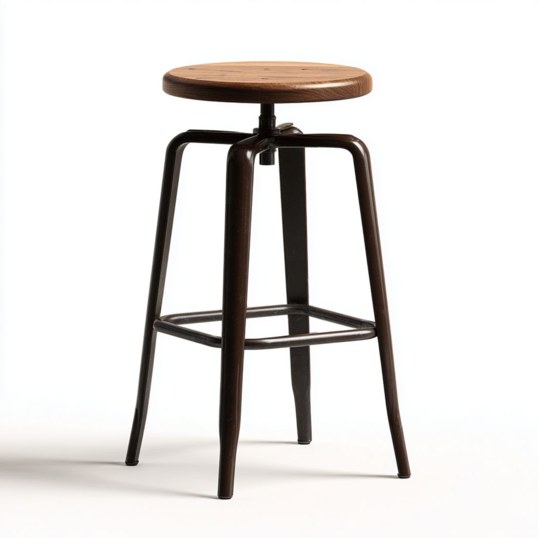 Tabouret haut avec assise ronde en bois et structure en métal noir