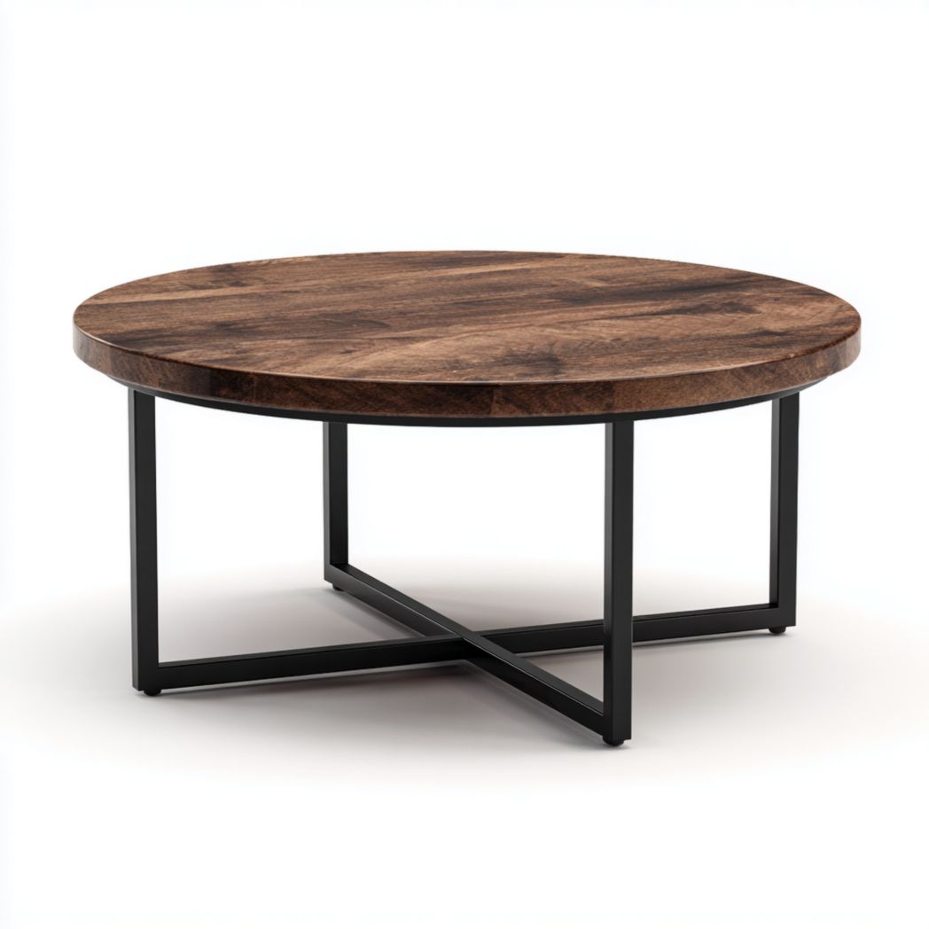 Table basse ronde en bois foncé avec base en métal noir