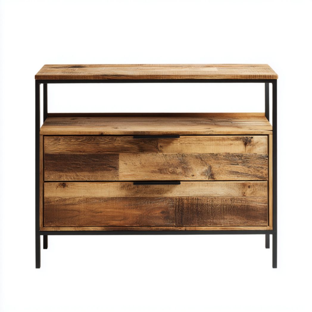Console en bois naturel et métal avec deux tiroirs