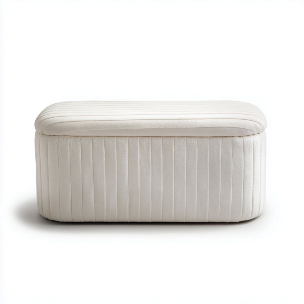 Banc rectangulaire en tissu blanc avec revêtement à motifs verticaux