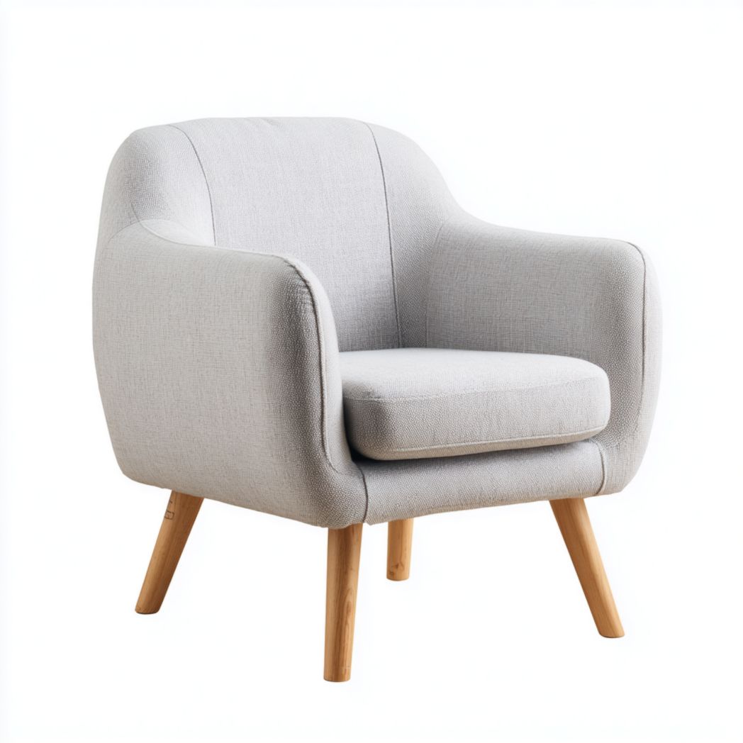 Fauteuil en tissu gris clair avec pieds en chêne