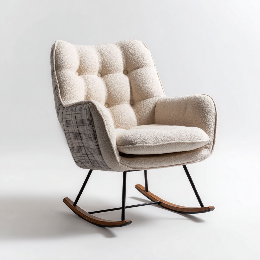 Fauteuil à bascule en tissu bouclette beige avec côtés à motif carreaux et structure métal-bois