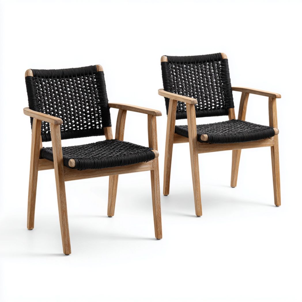 Lot de 2 chaises de jardin en bois naturel avec assise tressée noire