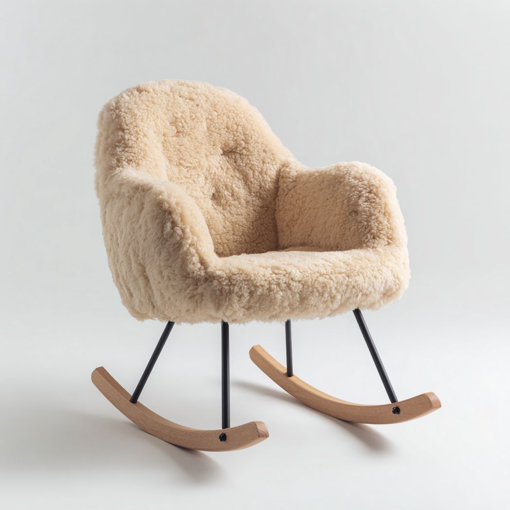 Fauteuil à bascule en tissu effet laine beige avec structure en métal et pieds courbés en bois