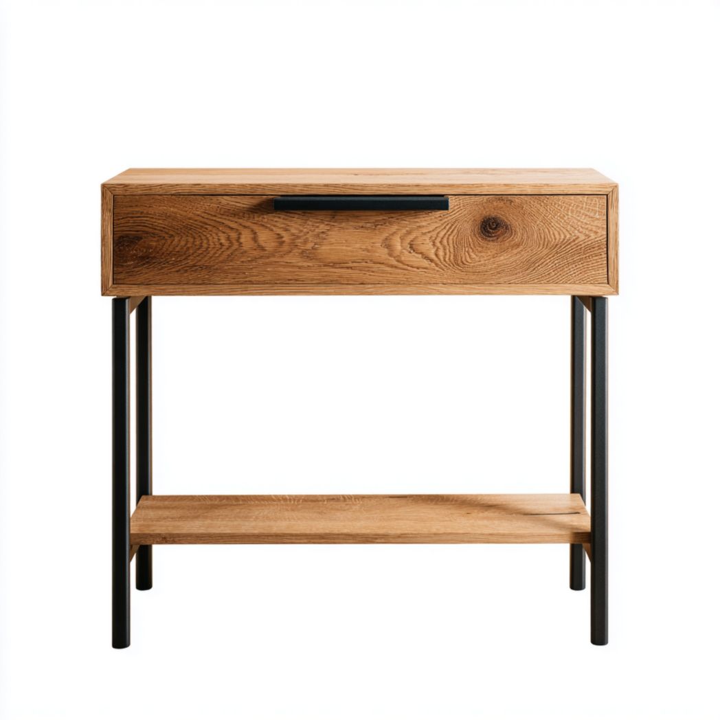 Console en chêne avec structure en métal noir et tiroir unique