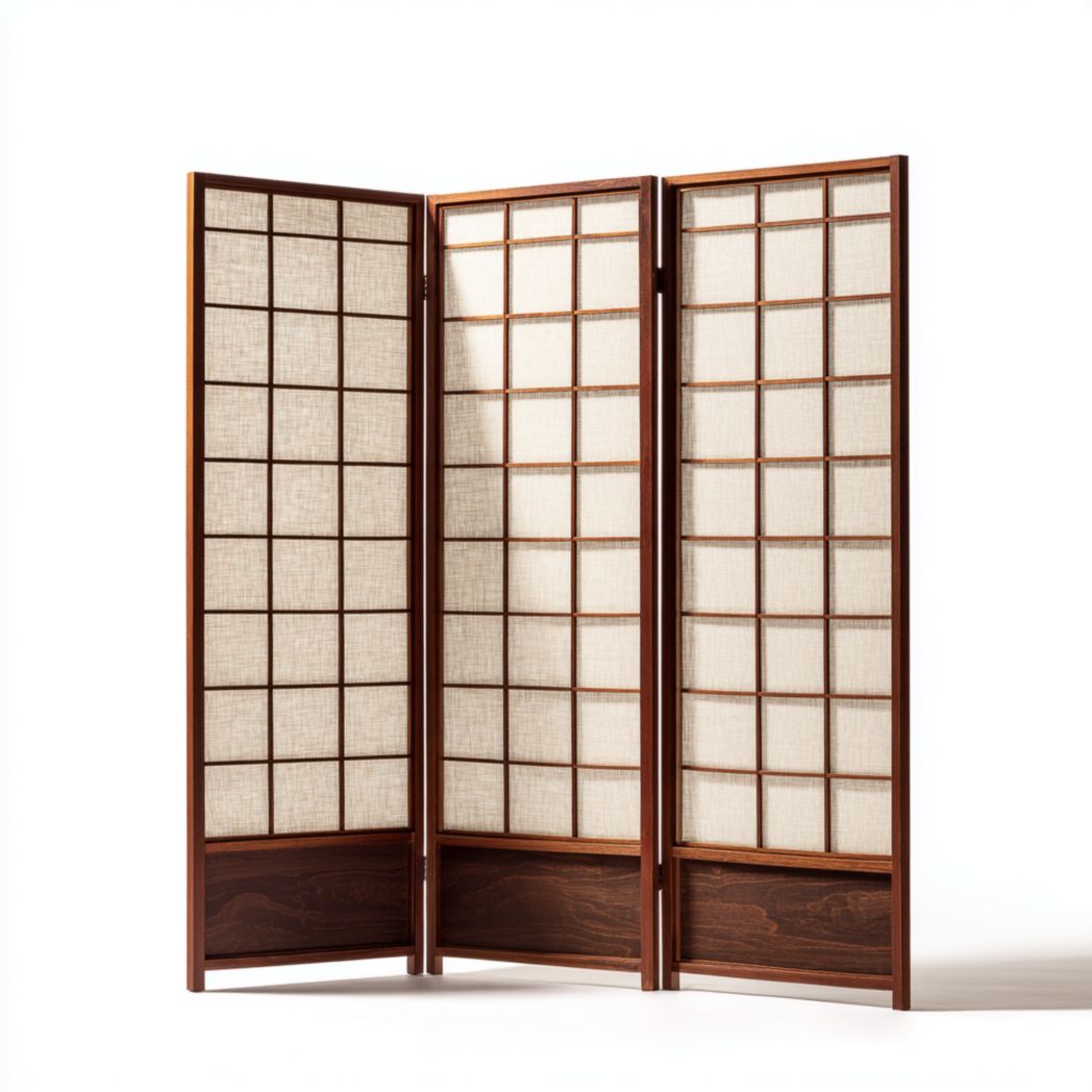 Paravent pliant trois panneaux cadre en bois brun foncé avec tissu beige quadrillé