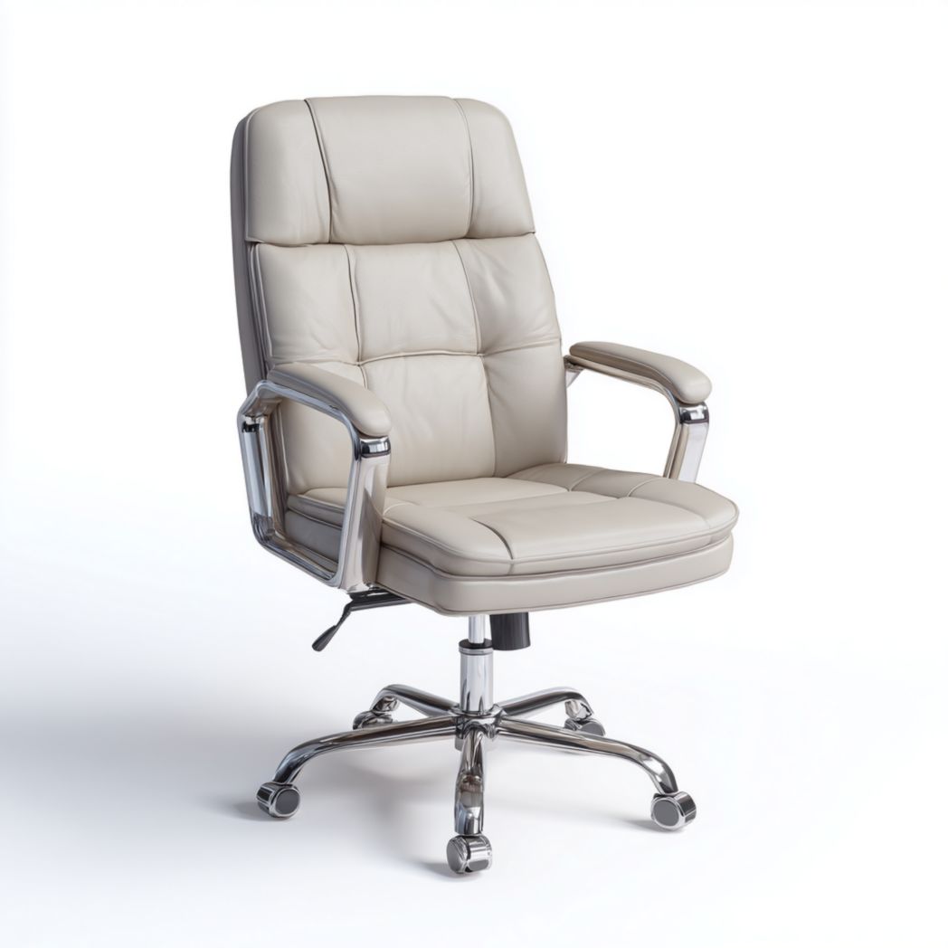 Chaise de bureau en similicuir beige avec base métallique chromée
