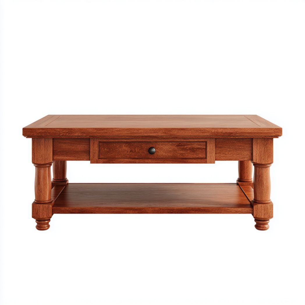 Table basse rectangulaire en bois massif rouge avec tiroir