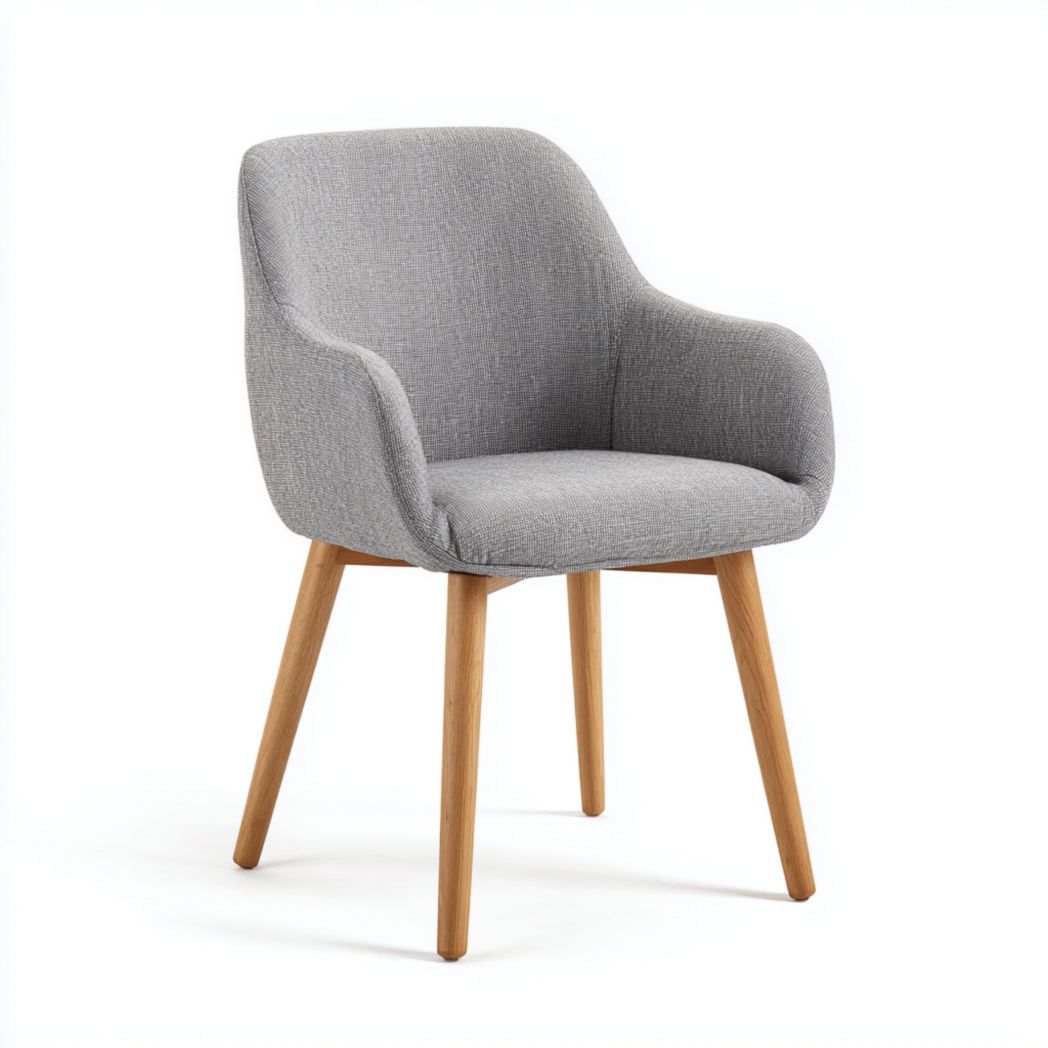 Fauteuil en tissu gris avec dossier arrondi et pieds en bois