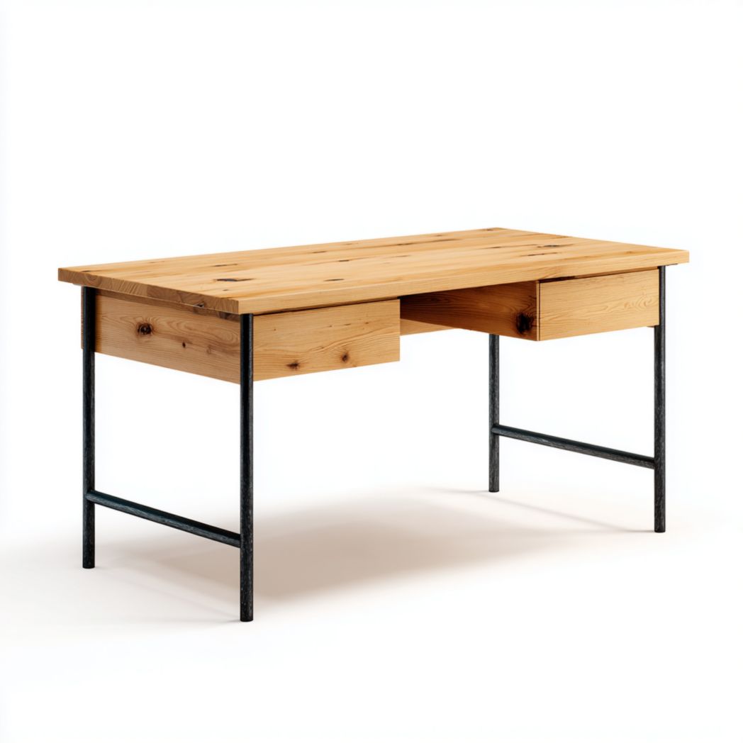 Bureau en bois avec tiroirs et cadre métallique noir