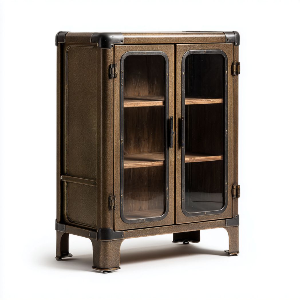 Vitrine en métal couleur bronze antique avec deux portes vitrées