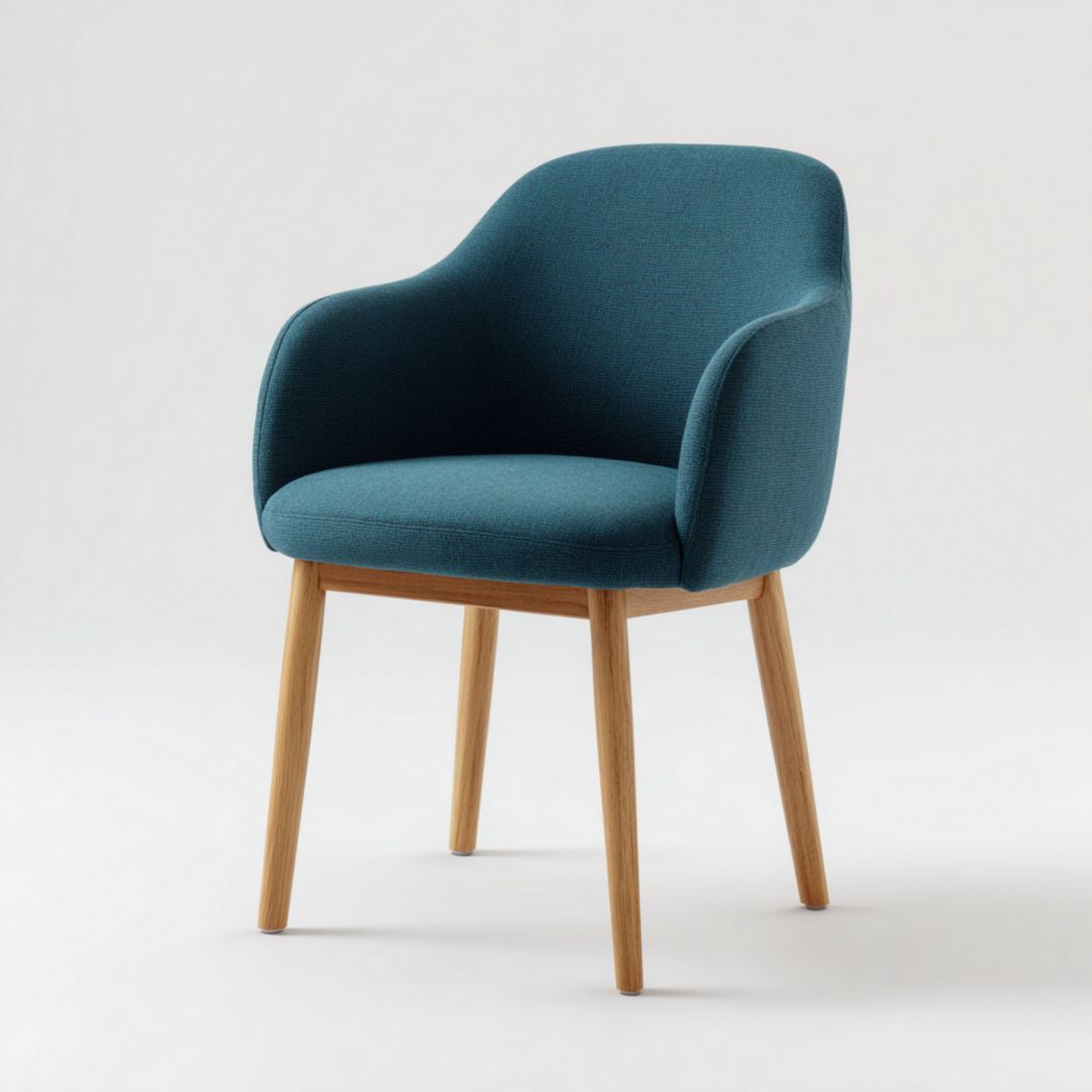 Fauteuil en tissu bleu-vert avec dossier courbé et pieds droits en bois