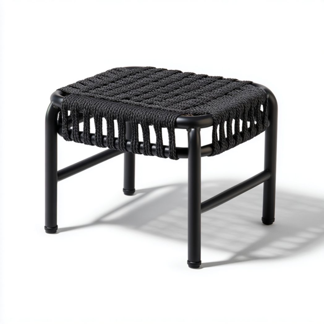 Tabouret carré en métal noir avec assise en corde tressée