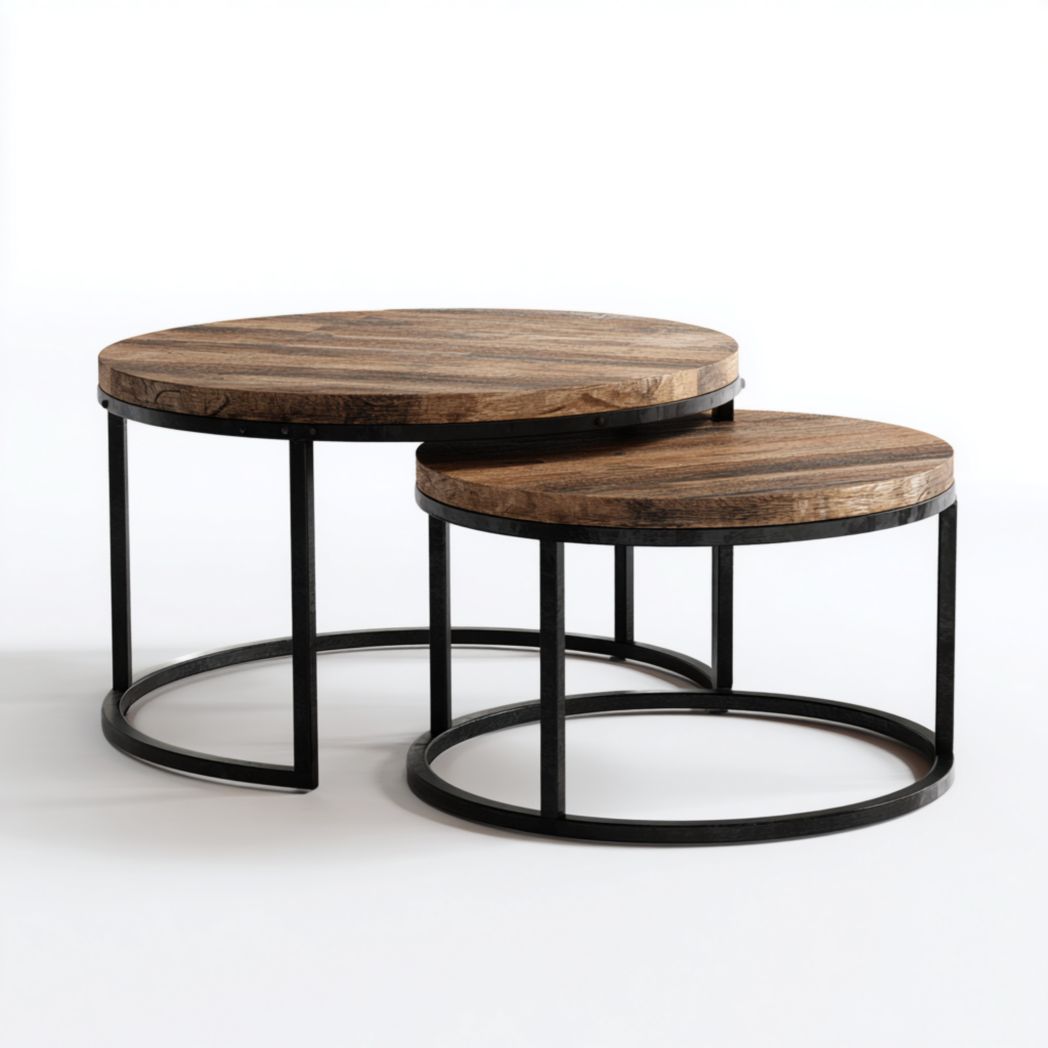 Tables basses rondes en bois et métal noir, ensemble de deux