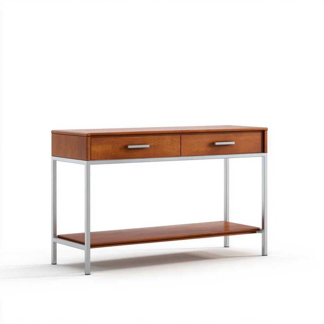 Console en bois noyer avec deux tiroirs et structure métallique argentée