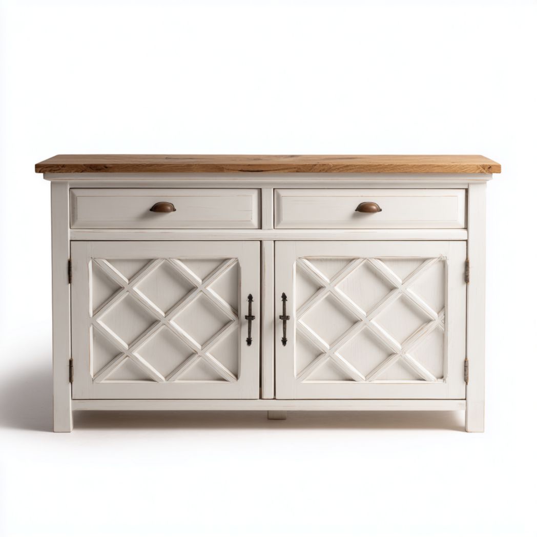 Buffet 2 tiroirs et 2 portes — structure en bois blanc avec plateau en bois naturel et portes à motif losange