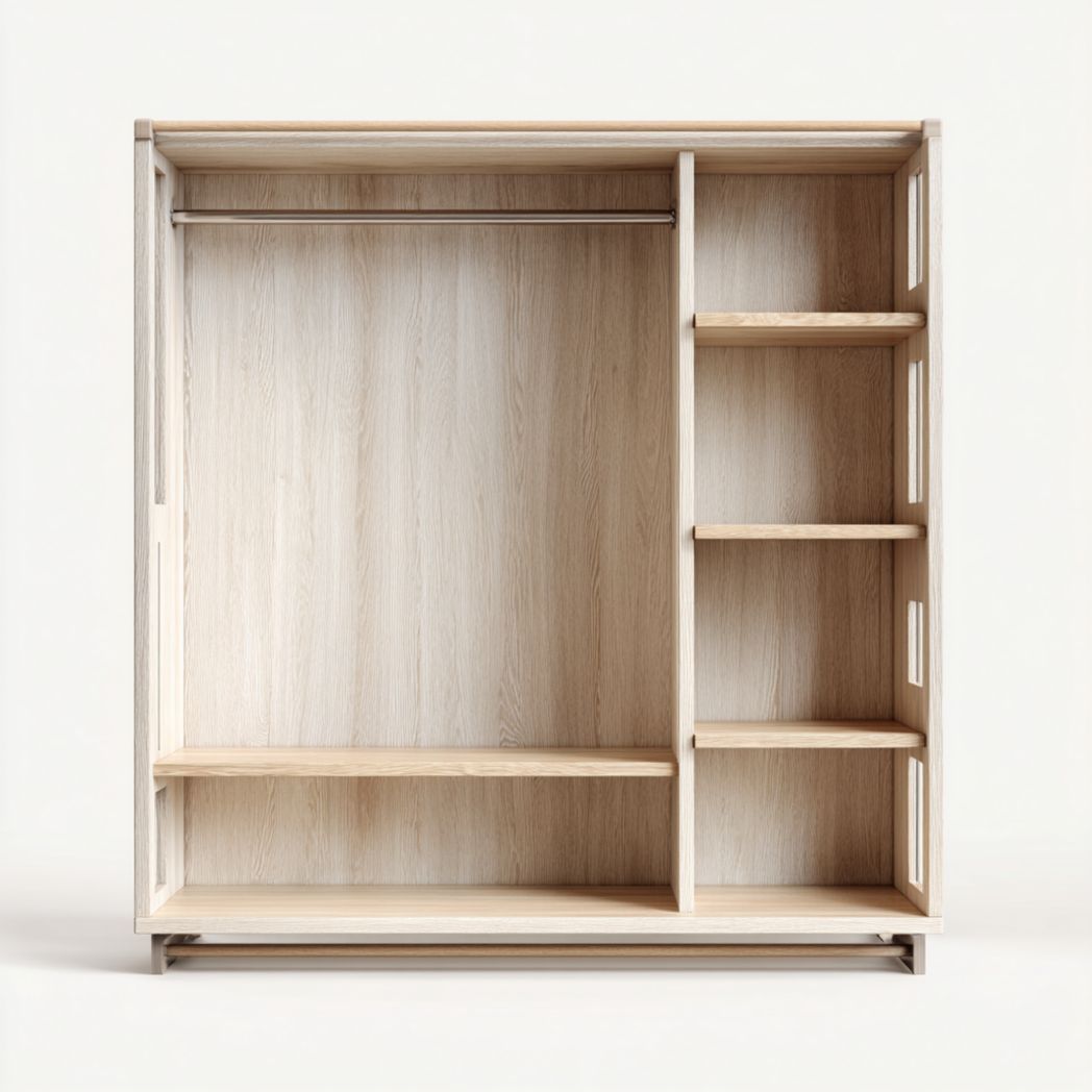 Armoire ouverte en bois naturel avec étagères multiples