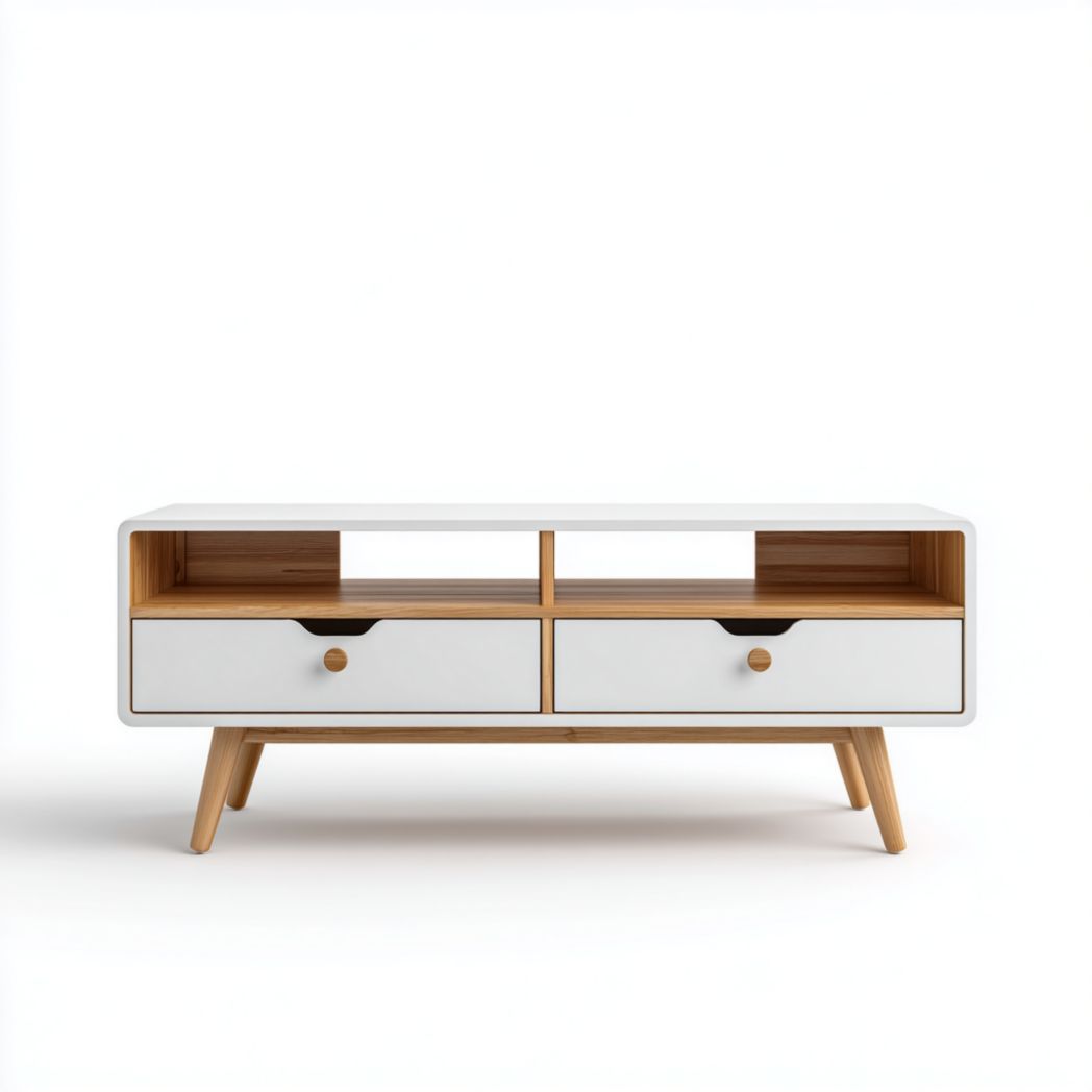 Meuble TV blanc et bois avec deux tiroirs