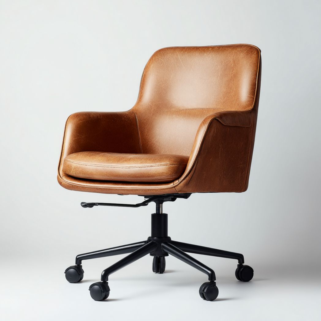 Chaise de bureau pivotante en cuir brun avec base métallique