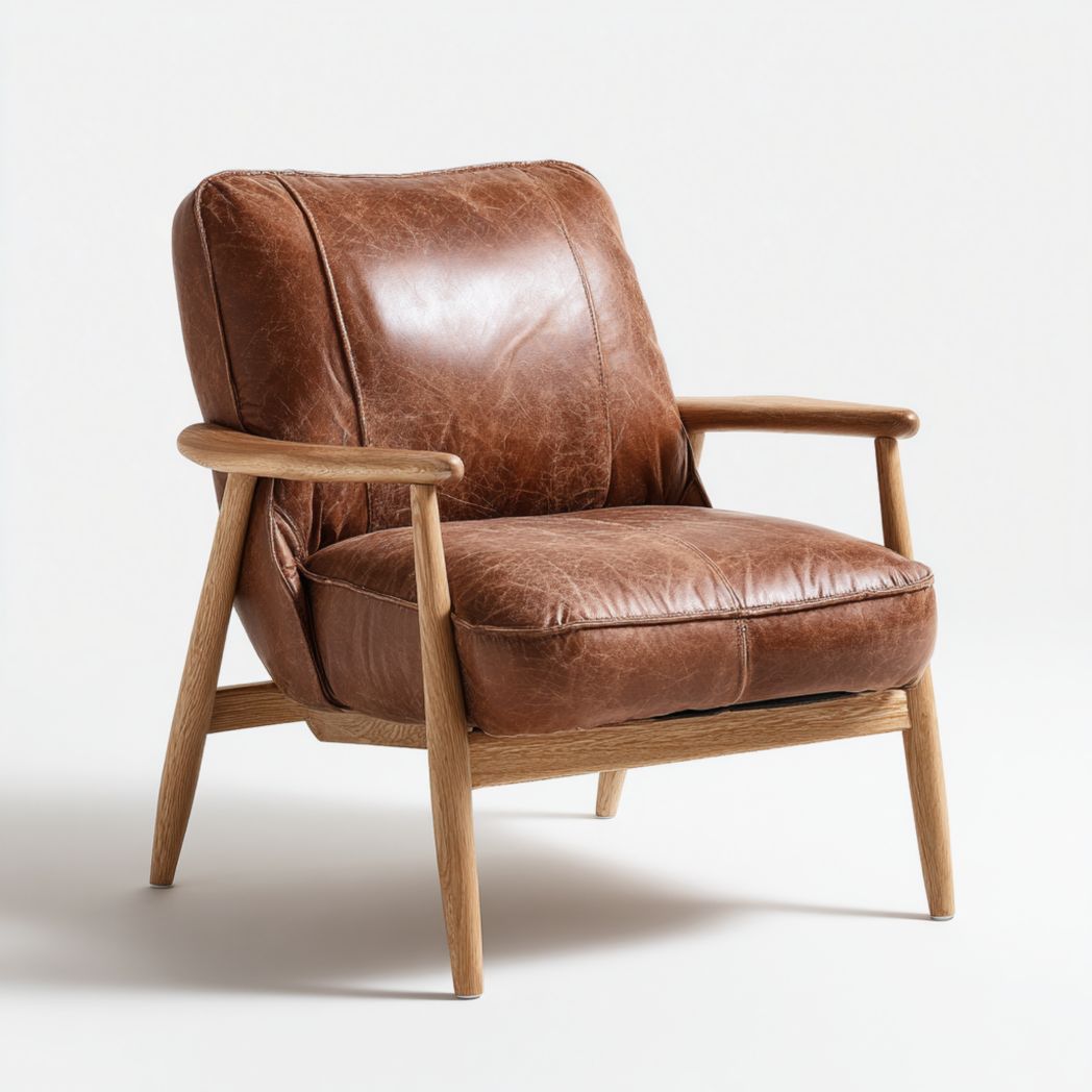 Fauteuil en cuir marron avec structure en chêne