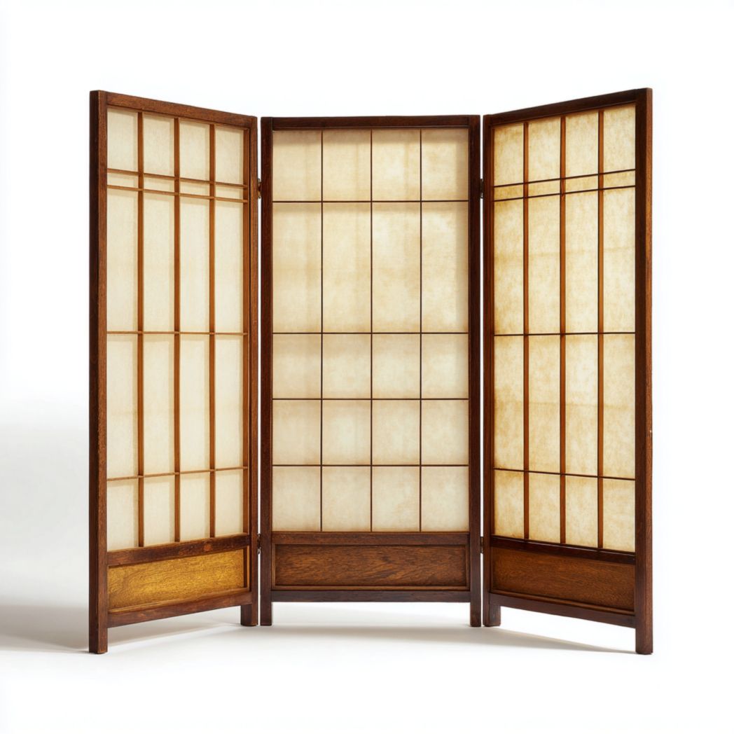 Paravent pliant trois panneaux cadre bois foncé avec panneaux translucides beige à motif quadrillé