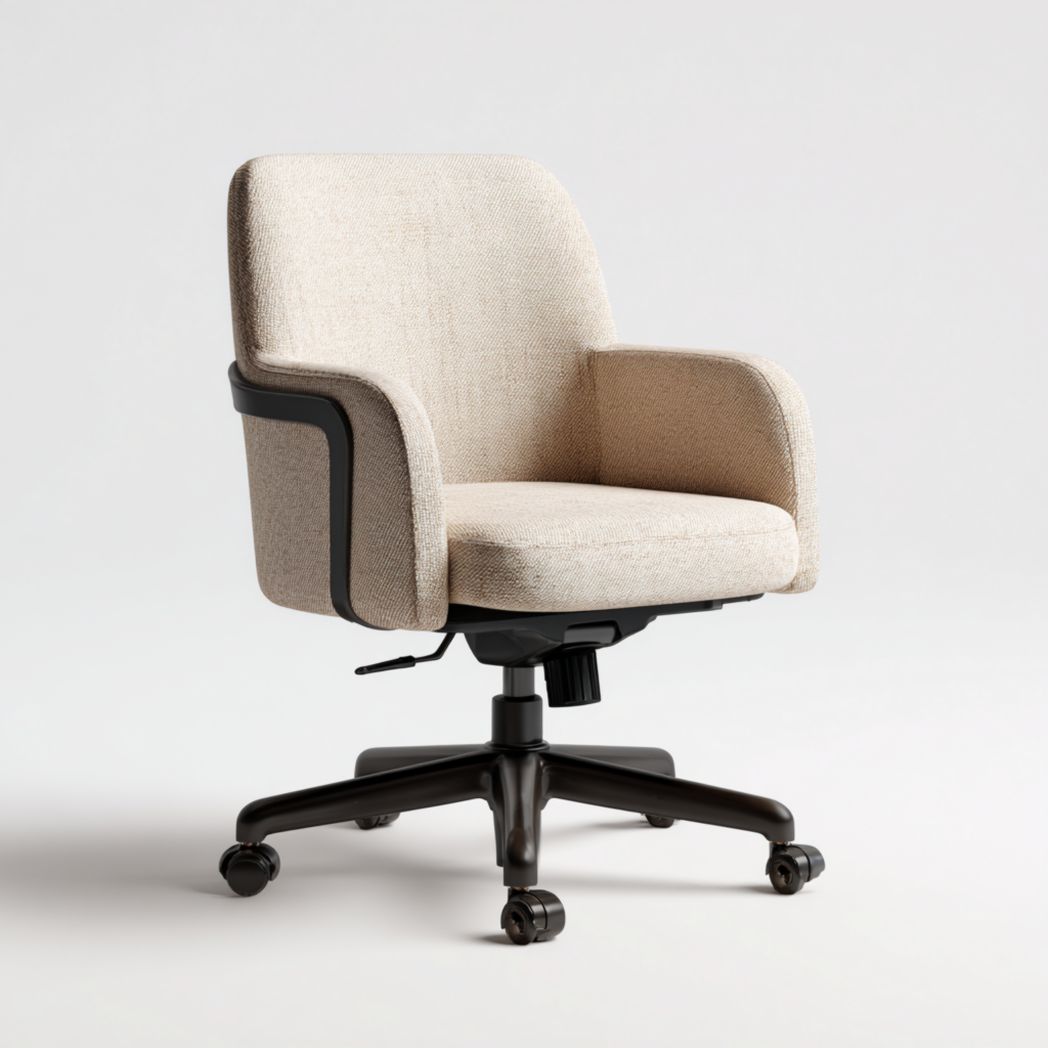 Chaise de bureau pivotante | assise et dossier en tissu beige · accoudoirs enveloppants · base noire à 5 roulettes