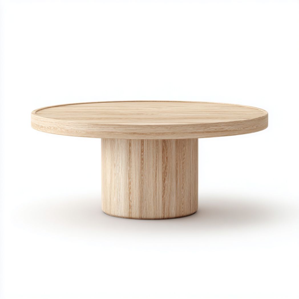 Table basse ronde en chêne avec base cylindrique