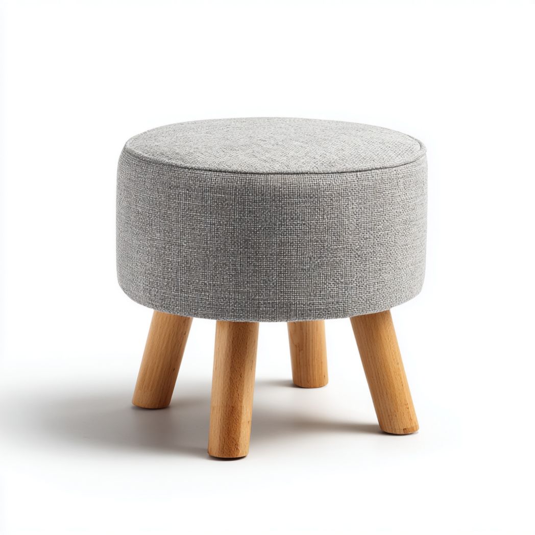 Tabouret rond en tissu gris avec pieds en bois clair