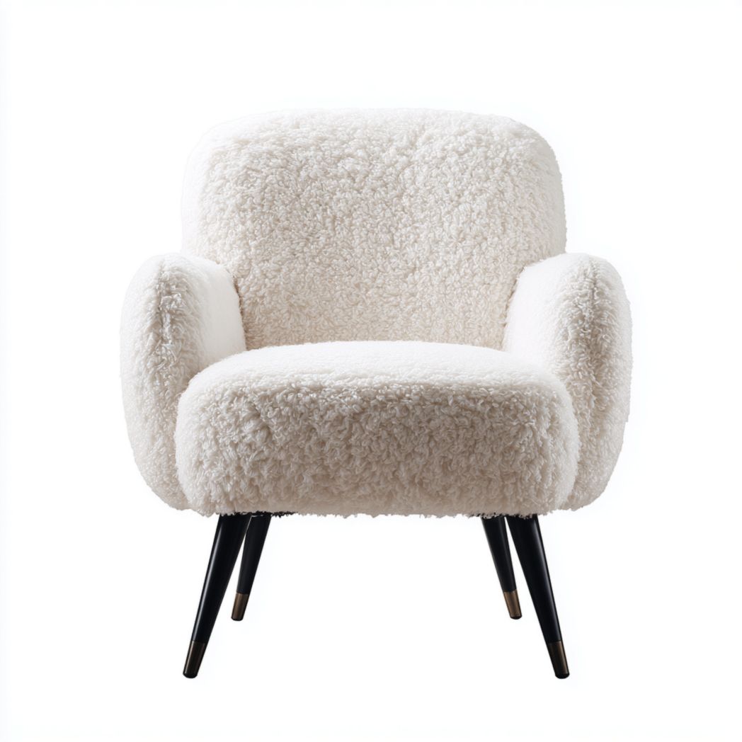Fauteuil en tissu bouclette blanc avec pieds métal noir et embouts dorés