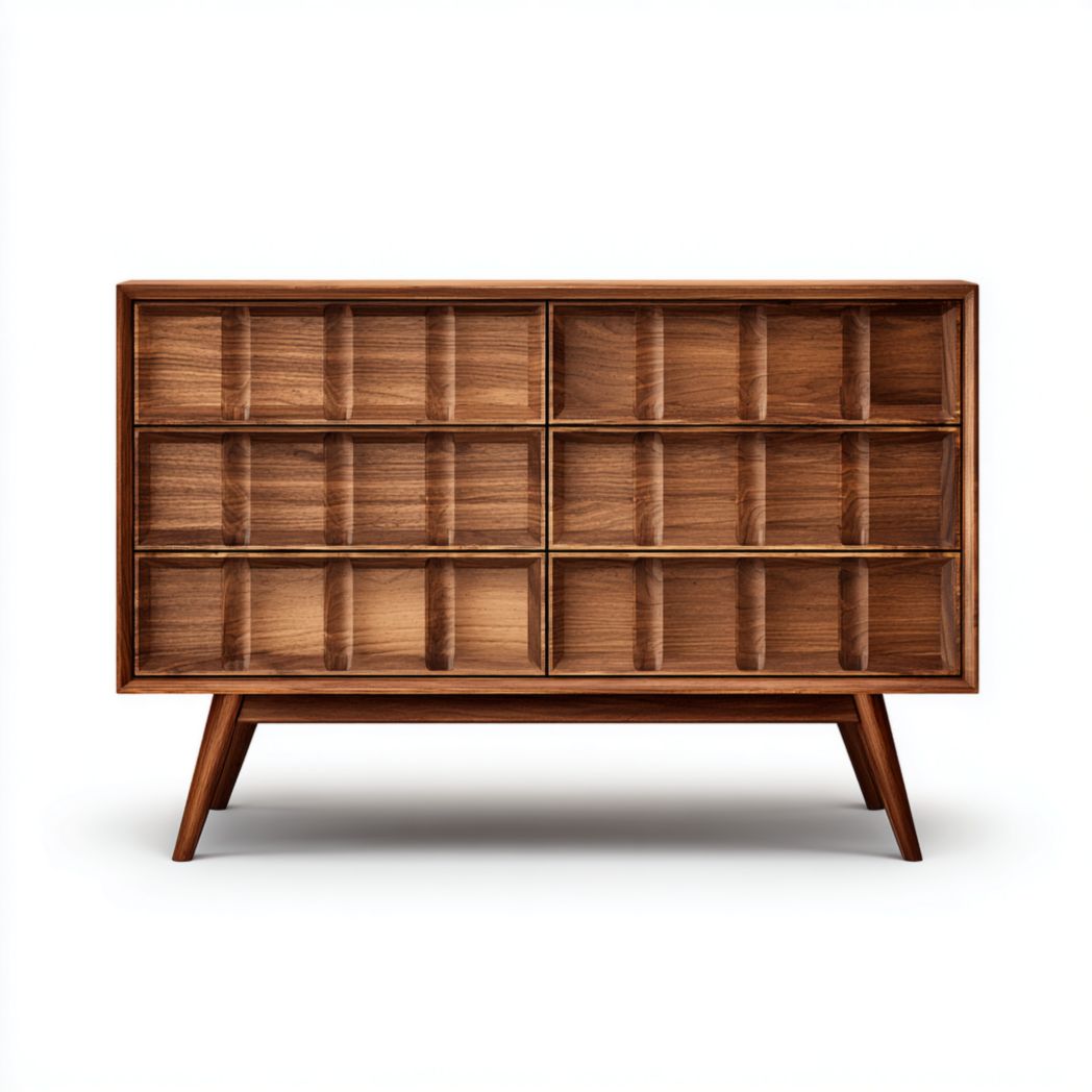 Commode 6 tiroirs | caisson et façades en bois foncé | décorations à rainures géométriques | pieds inclinés en bois