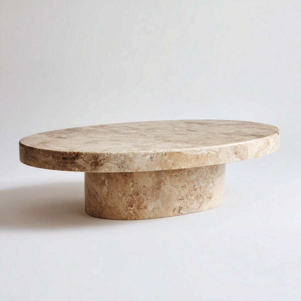 Table basse ovale en marbre beige avec base cylindrique
