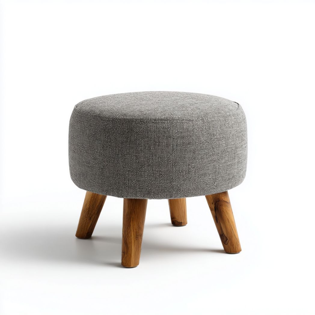 Tabouret rond en tissu gris avec pieds cylindriques en bois