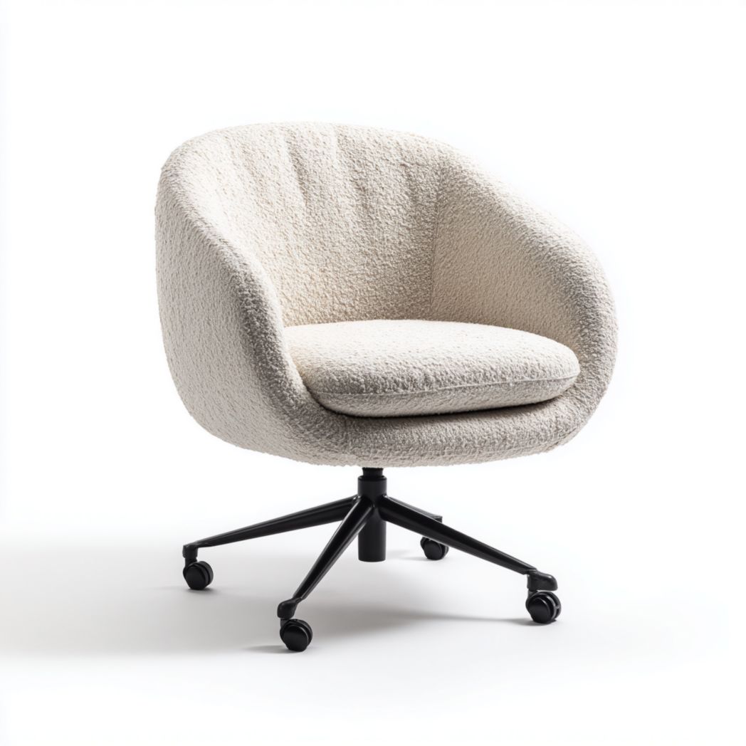 Chaise de bureau en tissu bouclette écru avec base métallique noire