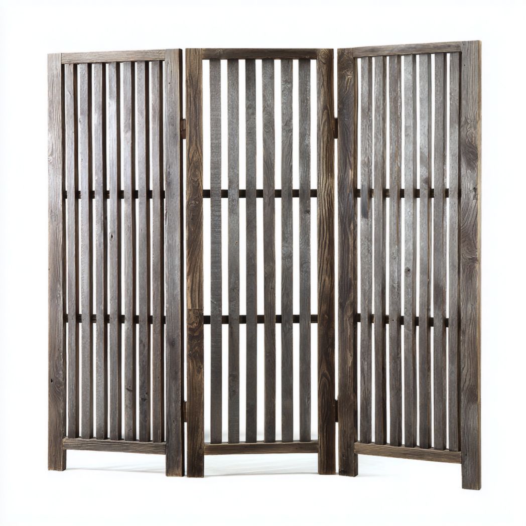 Paravent pliant trois panneaux cadre bois foncé avec lattes verticales