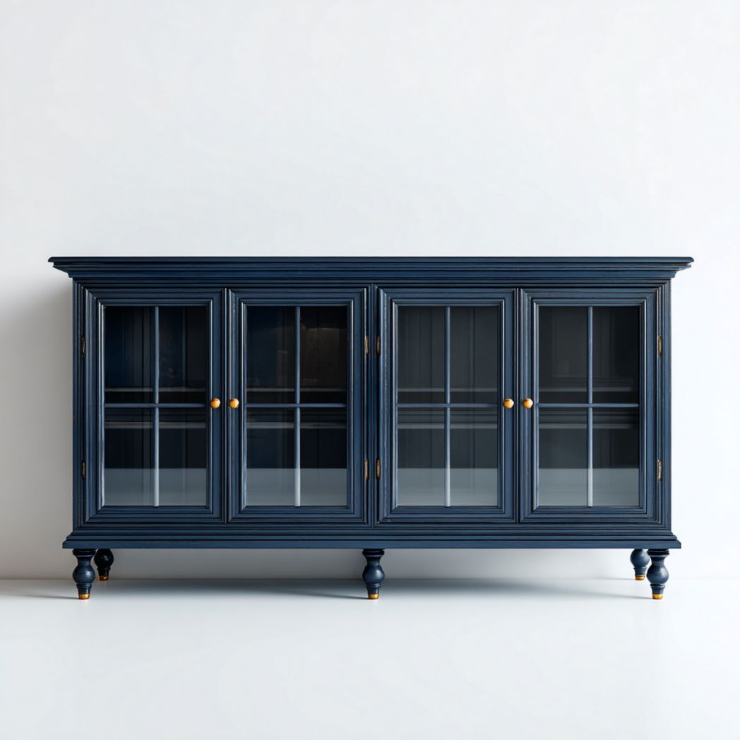 Buffet 4 portes — structure en bois bleu avec portes vitrées et poignées rondes métalliques