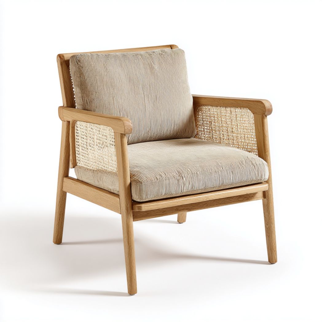 Fauteuil en velours côtelé beige avec structure en bois et dossier en rotin