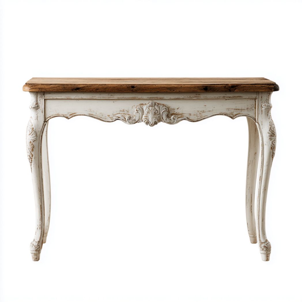 Console en bois blanc vieilli avec plateau en bois naturel et détails sculptés