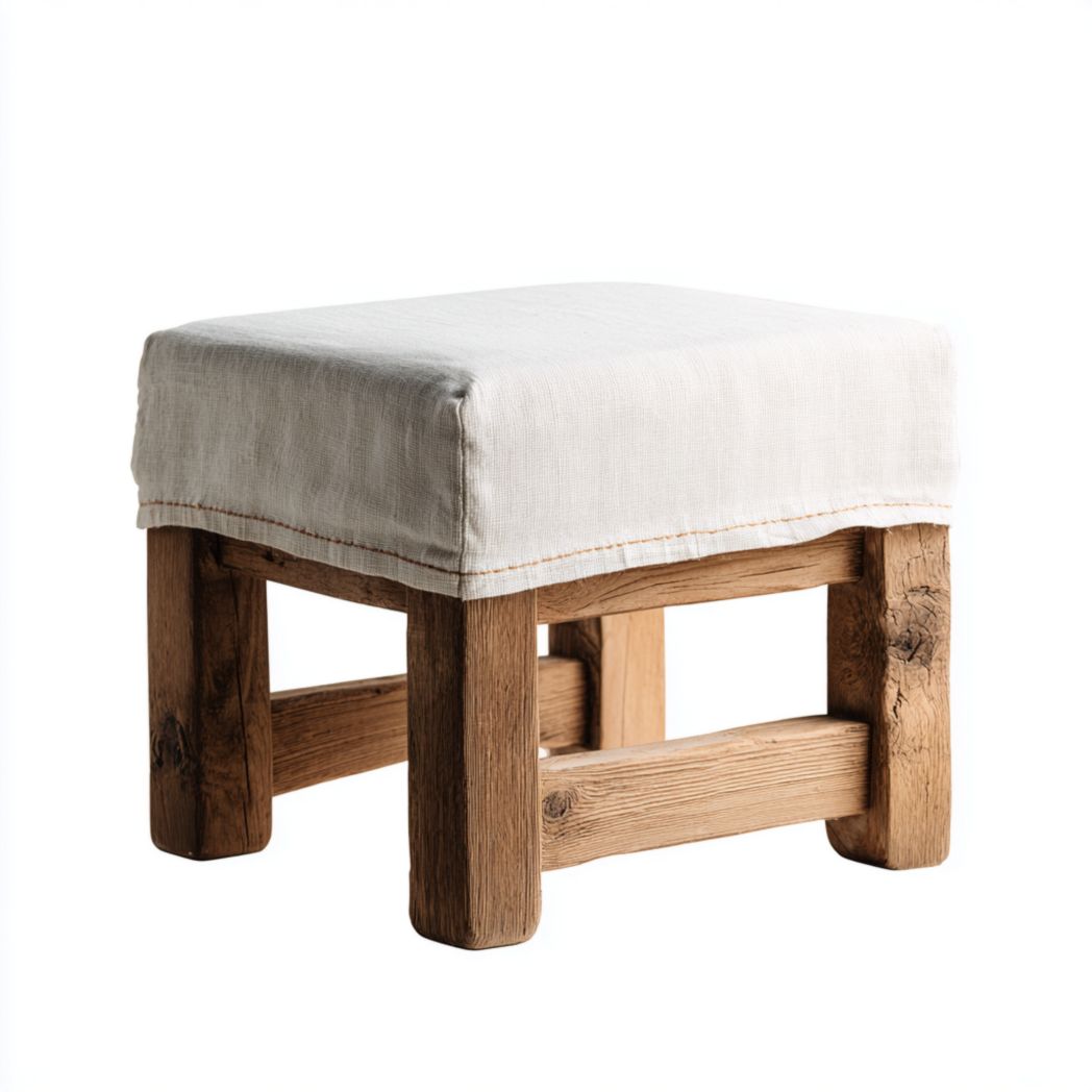 Tabouret carré en bois avec housse en lin beige