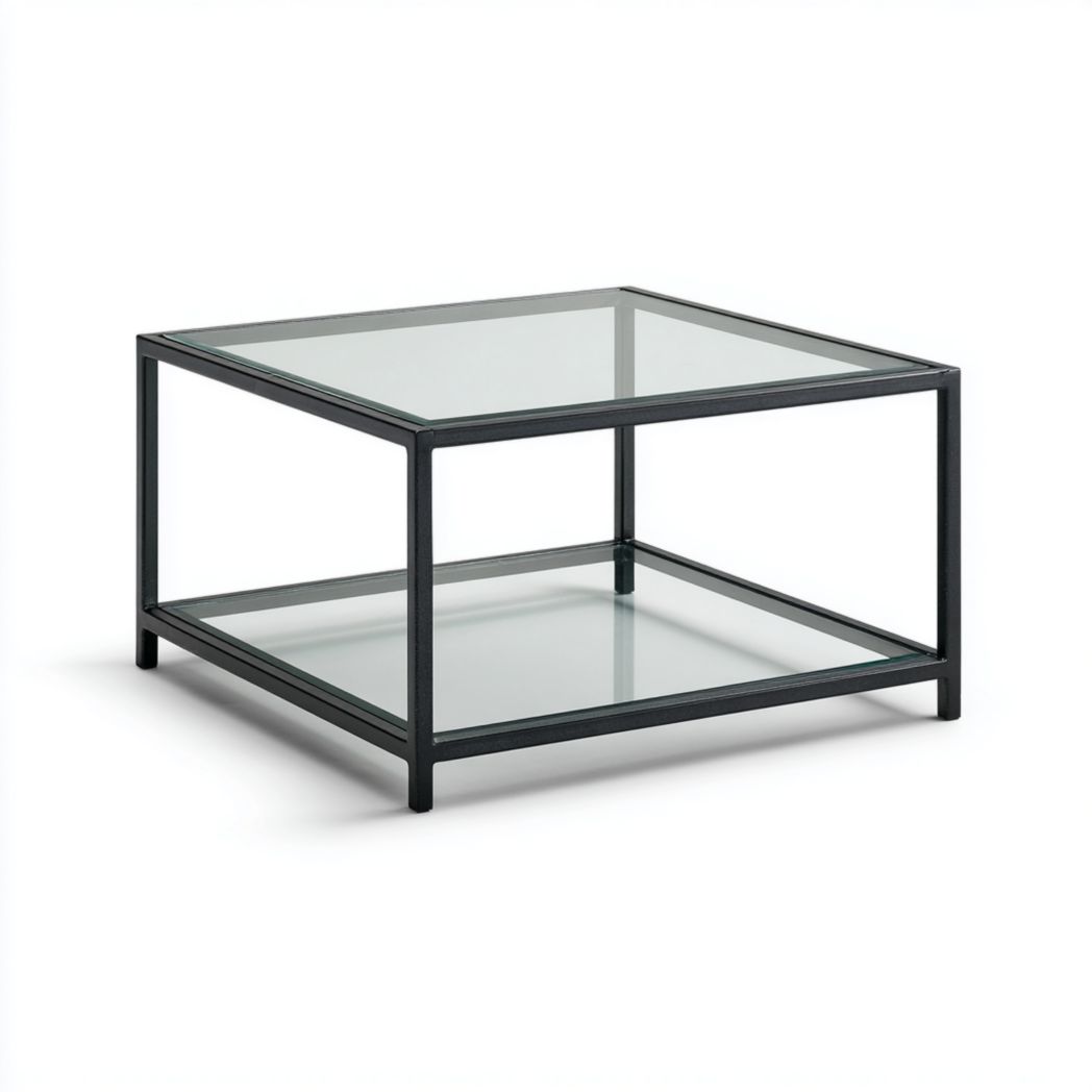 Table basse carrée à deux niveaux en verre trempé et métal noir