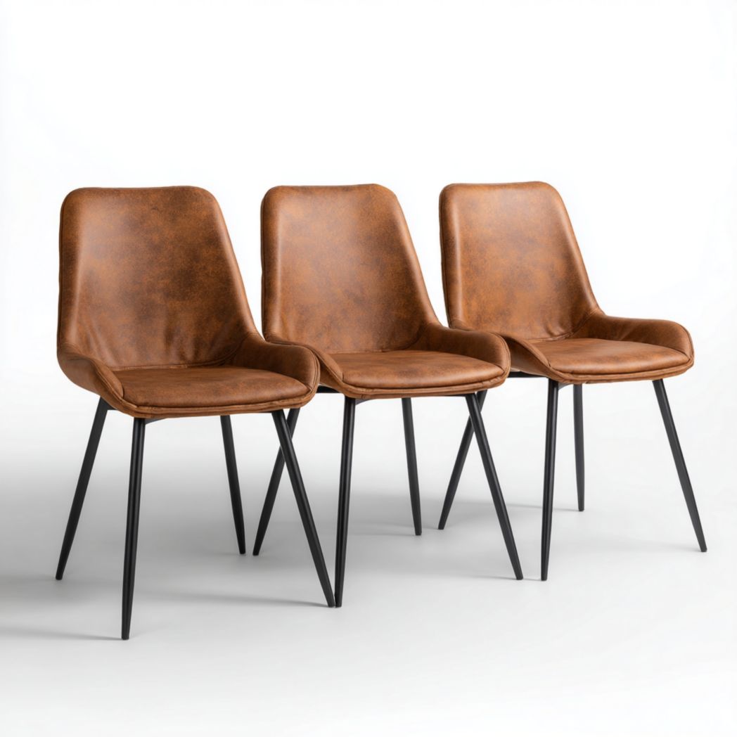 Lot de 3 chaises de salle à manger en similicuir brun avec pieds en métal noir