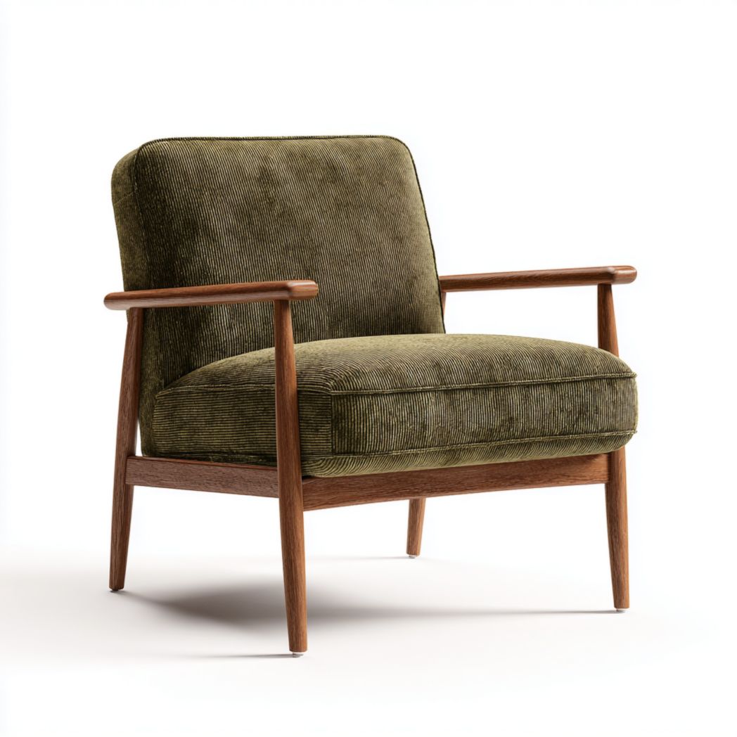 Fauteuil en velours côtelé vert avec structure en bois
