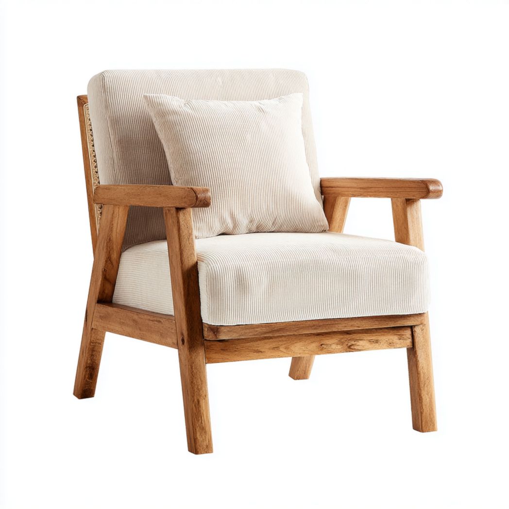 Fauteuil avec coussin en velours côtelé beige et dossier en rotin, structure en bois massif - Avec oreiller