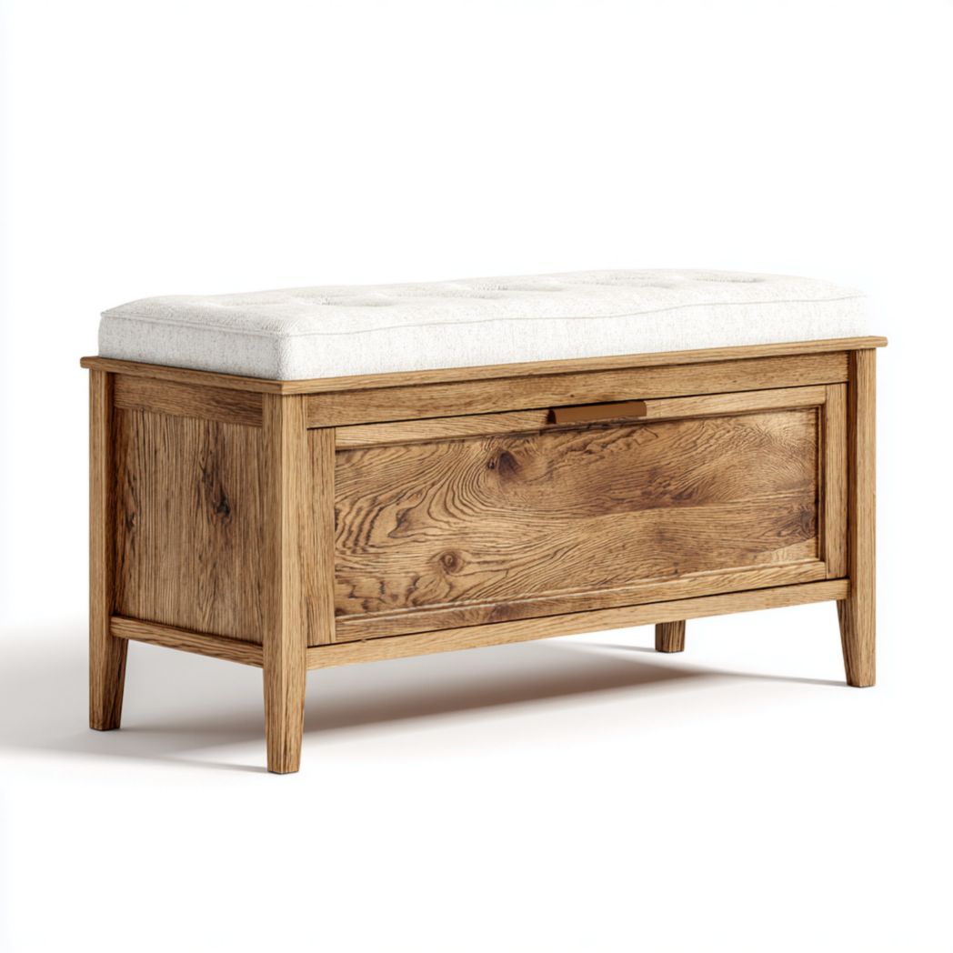 Banc rectangulaire en tissu beige avec cadre en bois et tiroir de rangement