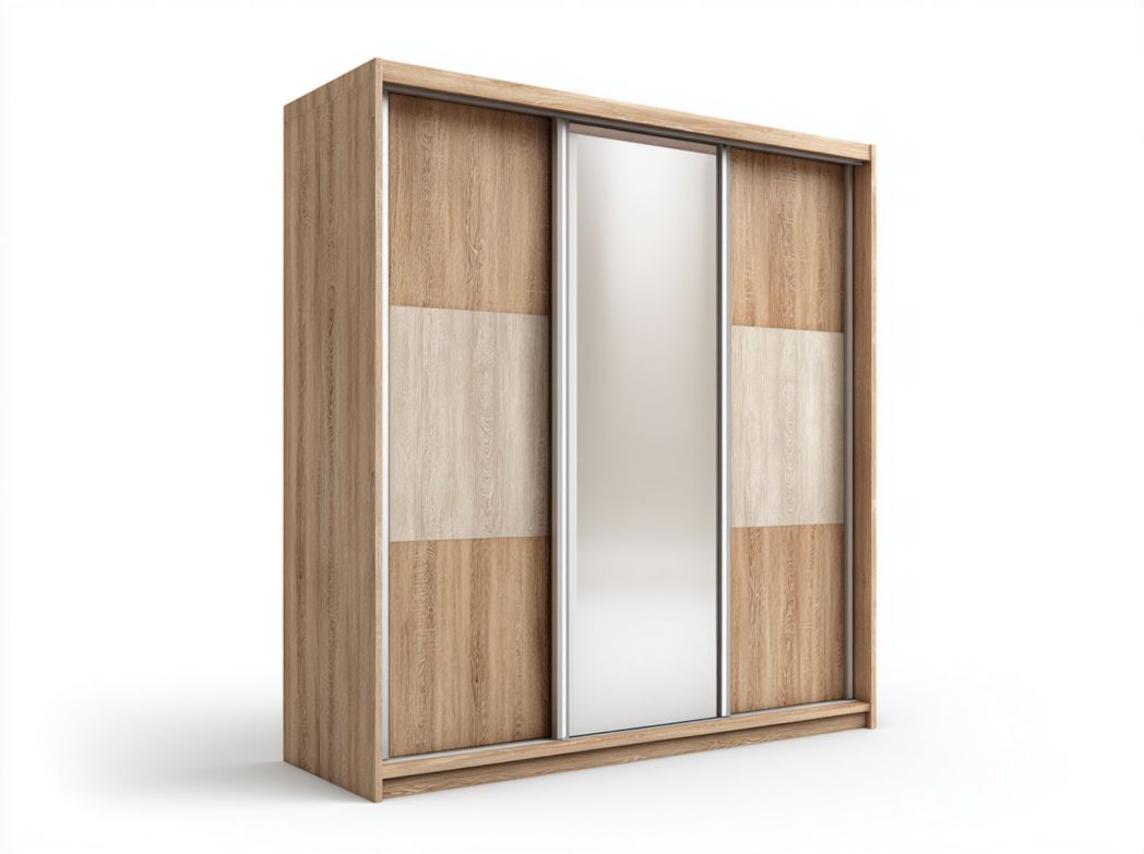Armoire en bois bicolore à trois portes coulissantes avec miroir central