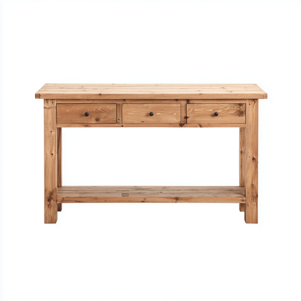 Console en pin naturel avec trois tiroirs et étagère basse